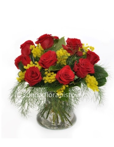Bouquet di 3 rose rosse e mimosa