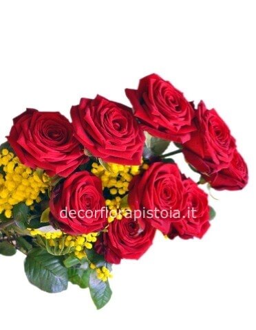 Mazzo di 3 o piu rose rosse a gambo lungo, con mimosa